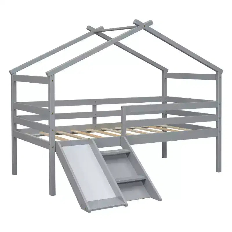 Letto a soppalco basso per ragazzi con scivolo, scala, ringhiere di sicurezza, struttura a tetto in stile casetta, 81.7L x 67.6W