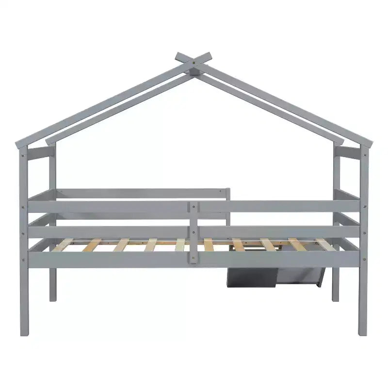 Letto a soppalco basso per ragazzi con scivolo, scala, ringhiere di sicurezza, struttura a tetto in stile casetta, 81.7L x 67.6W