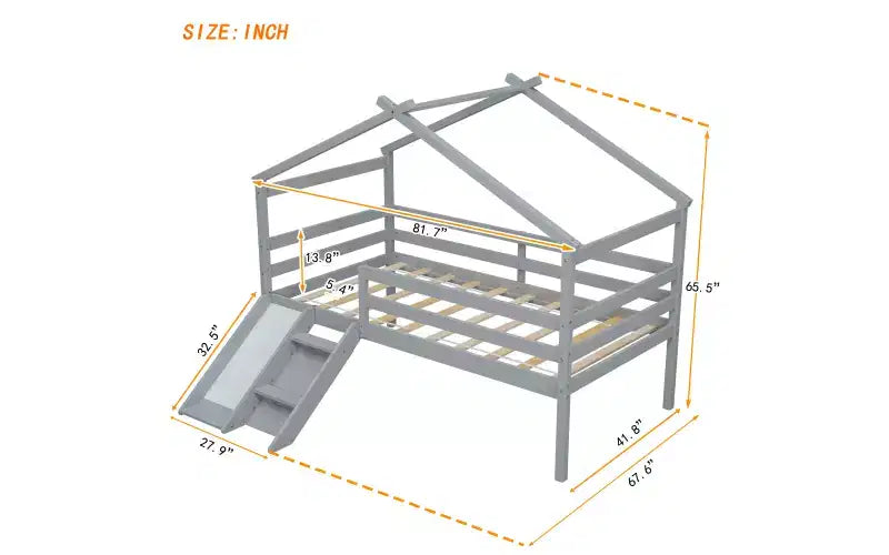 Letto a soppalco basso per ragazzi con scivolo, scala, ringhiere di sicurezza, struttura a tetto in stile casetta, 81.7L x 67.6W