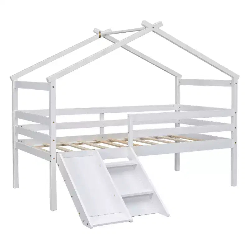 Letto a soppalco basso per ragazzi con scivolo, scala, ringhiere di sicurezza, struttura a tetto in stile casetta, 81.7L x 67.6W