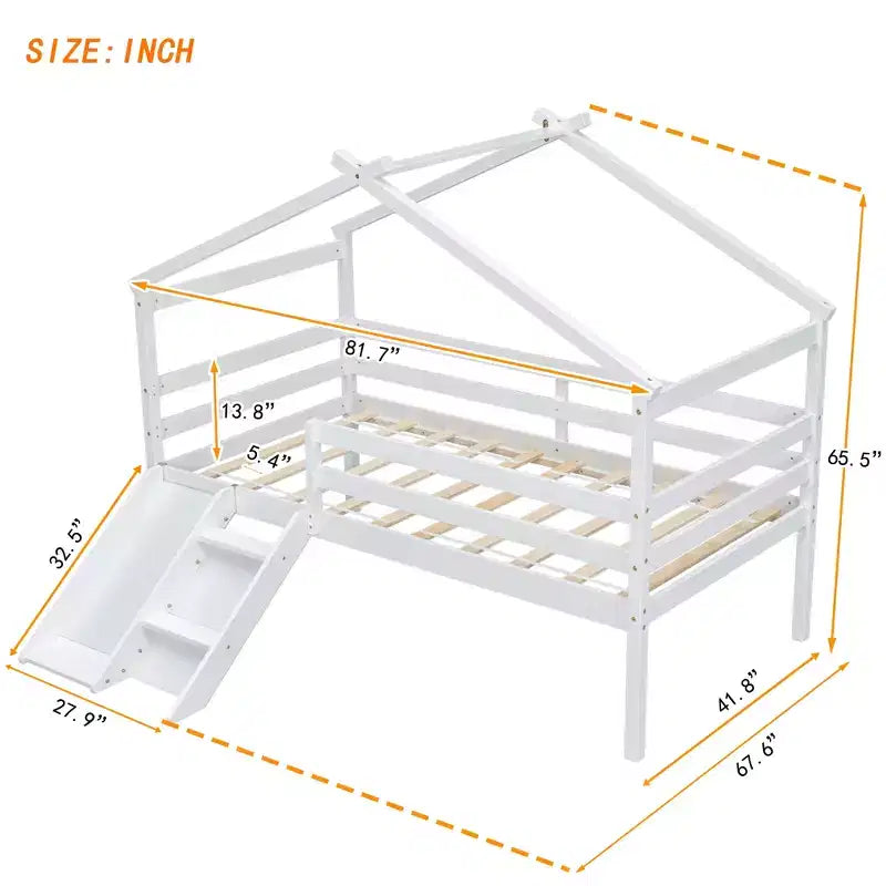 Letto a soppalco basso per ragazzi con scivolo, scala, ringhiere di sicurezza, struttura a tetto in stile casetta, 81.7L x 67.6W