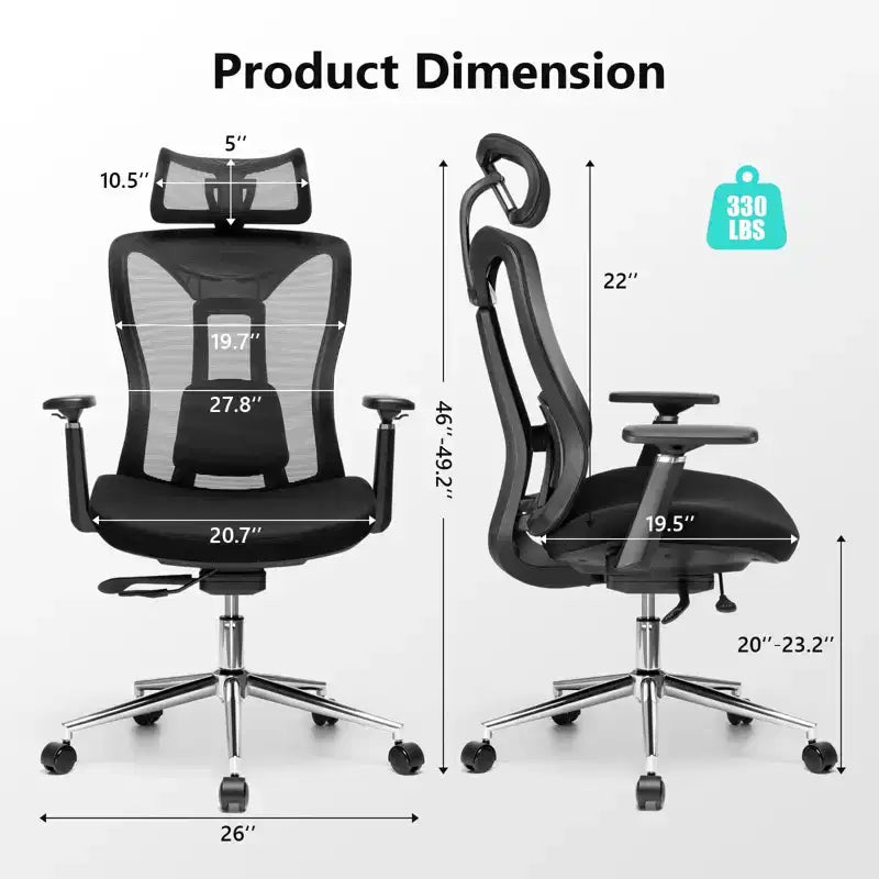 Sedia da ufficio ergonomica con poggiatesta 3D, braccioli 2D, schienale in rete, reclinazione di 135 gradi, capacità di 150 kg, sedia da scrivania con supporto lombare dinamico