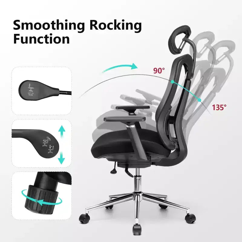 Sedia da ufficio ergonomica con poggiatesta 3D, braccioli 2D, schienale in rete, reclinazione di 135 gradi, capacità di 150 kg, sedia da scrivania con supporto lombare dinamico