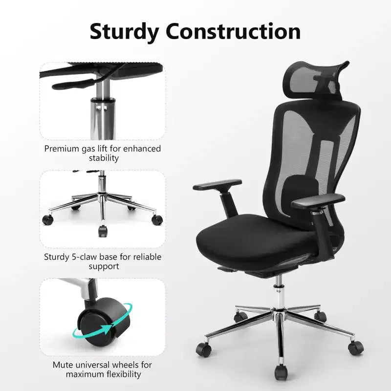 Sedia da ufficio ergonomica con poggiatesta 3D, braccioli 2D, schienale in rete, reclinazione di 135 gradi, capacità di 150 kg, sedia da scrivania con supporto lombare dinamico