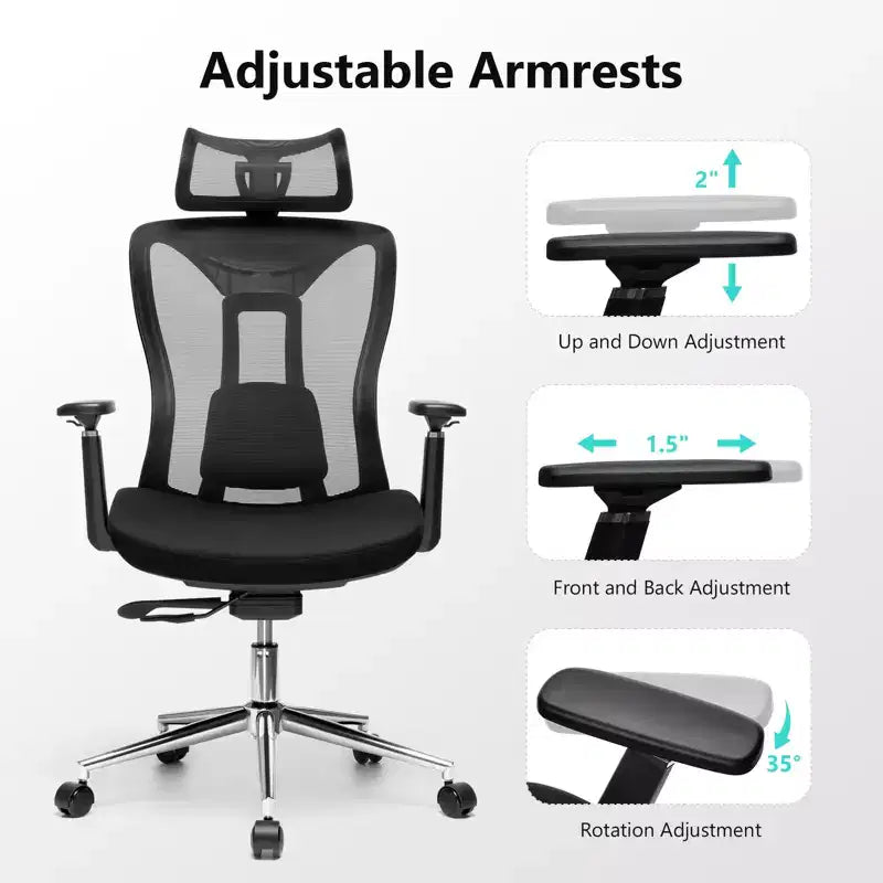 Sedia da ufficio ergonomica con poggiatesta 3D, braccioli 2D, schienale in rete, reclinazione di 135 gradi, capacità di 150 kg, sedia da scrivania con supporto lombare dinamico
