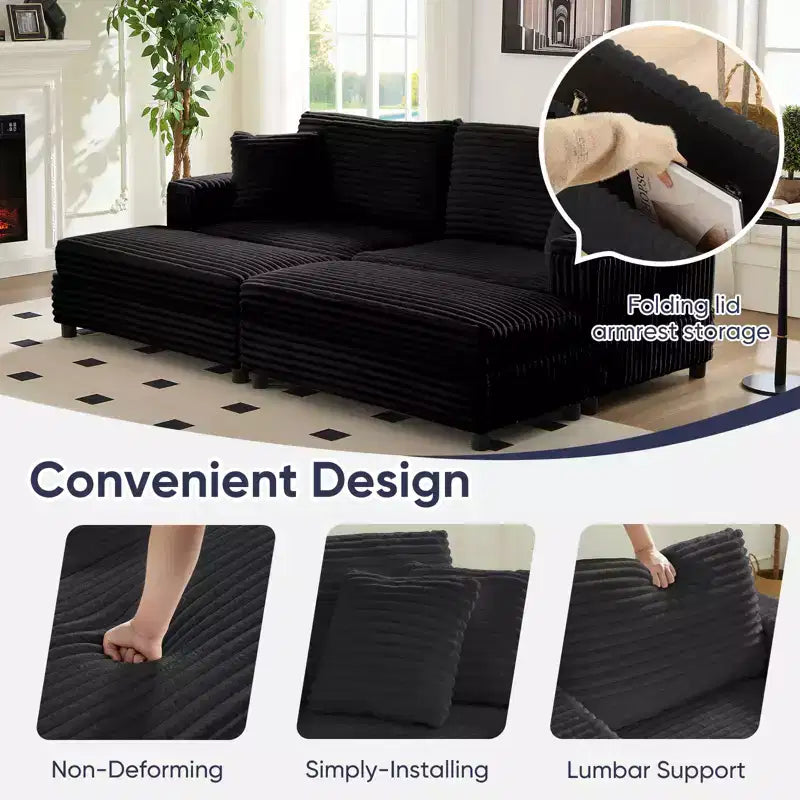 Divano moderno imbottito con 2 pouf mobili, comoda poltrona per il relax