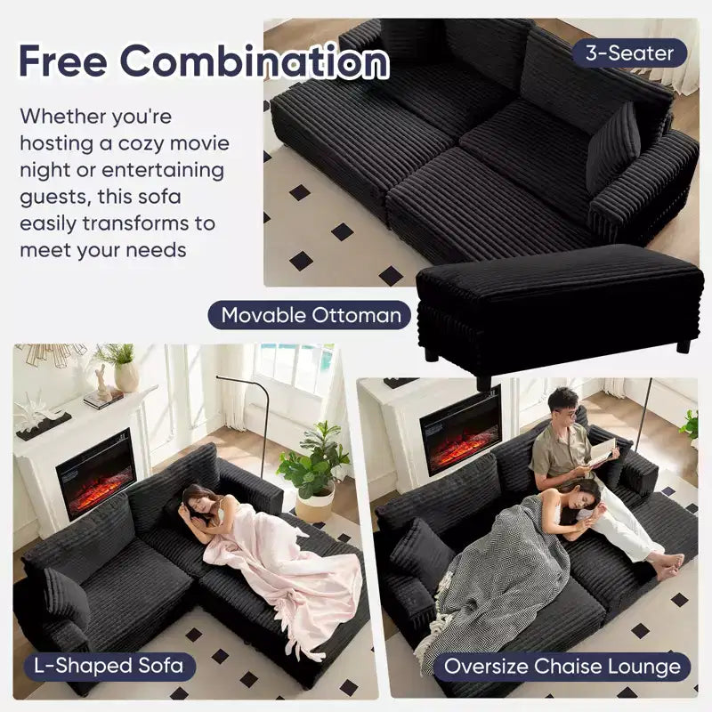 Divano moderno imbottito con 2 pouf mobili, comoda poltrona per il relax