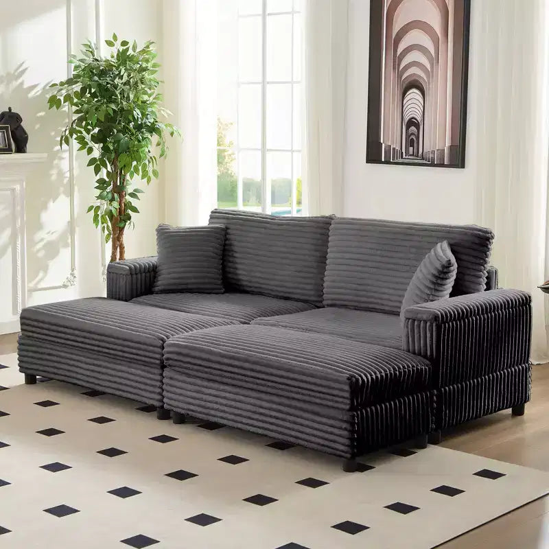 Divano moderno imbottito con 2 pouf mobili, comoda poltrona per il relax
