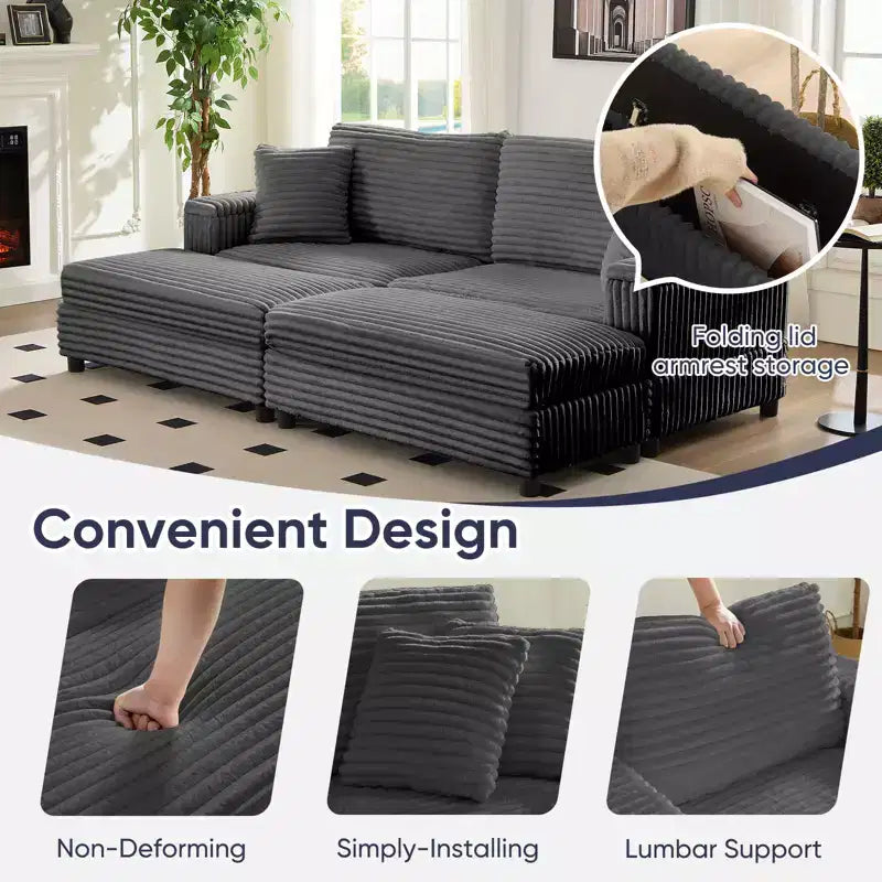 Divano moderno imbottito con 2 pouf mobili, comoda poltrona per il relax