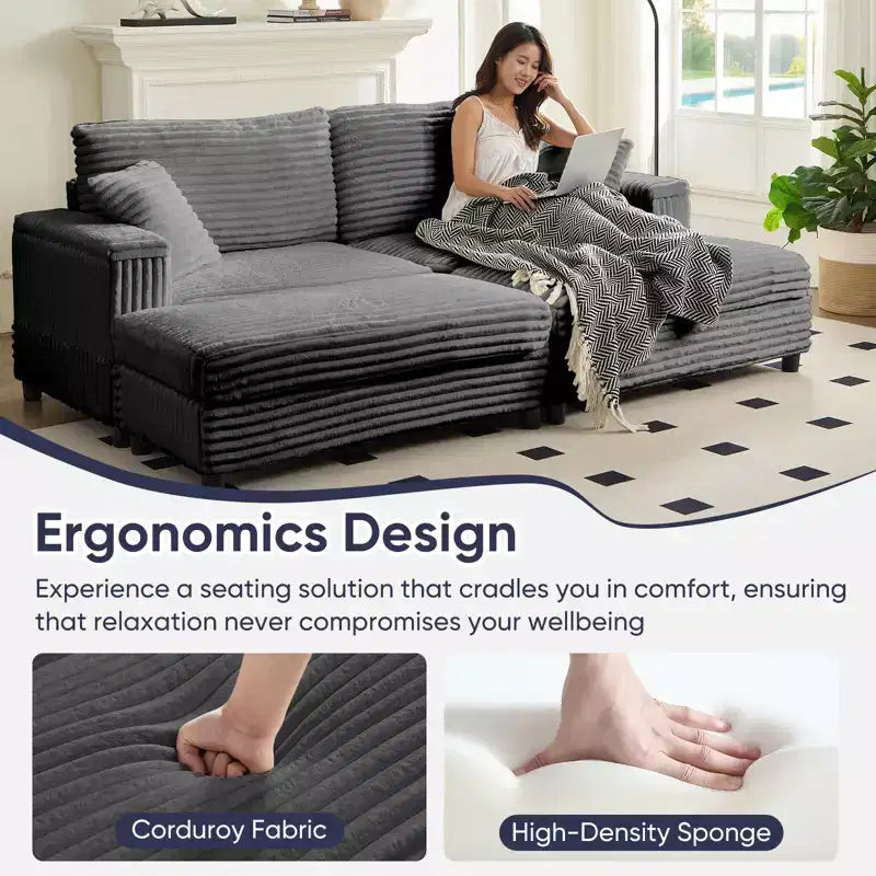 Divano moderno imbottito con 2 pouf mobili, comoda poltrona per il relax