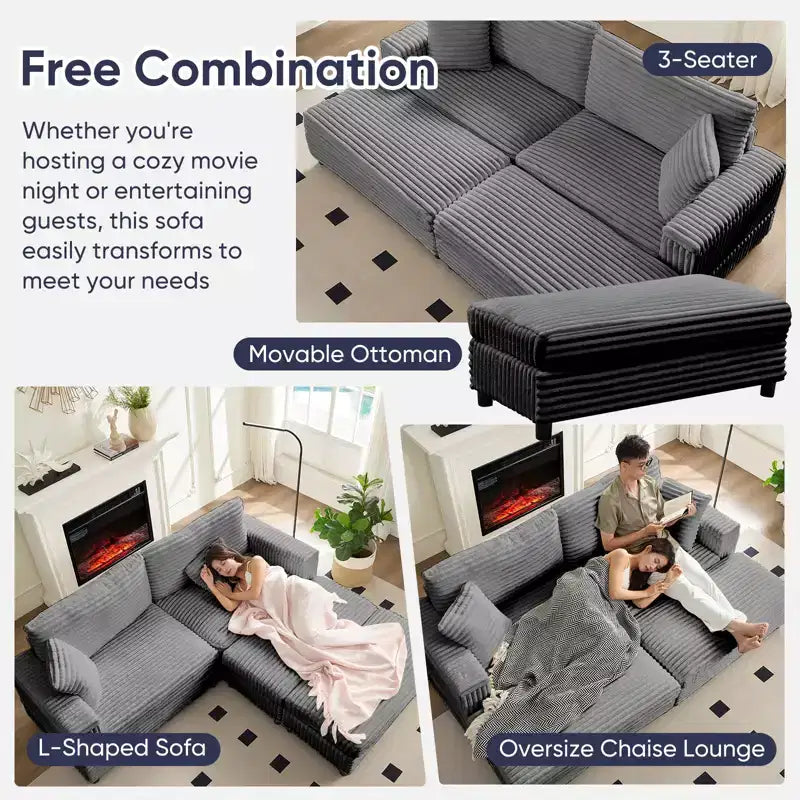 Divano moderno imbottito con 2 pouf mobili, comoda poltrona per il relax