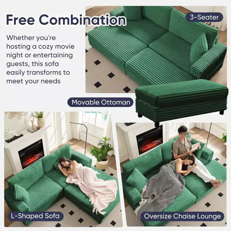 Divano moderno imbottito con 2 pouf mobili, comoda poltrona per il relax