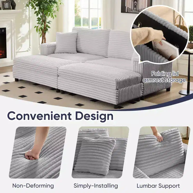 Divano moderno imbottito con 2 pouf mobili, comoda poltrona per il relax