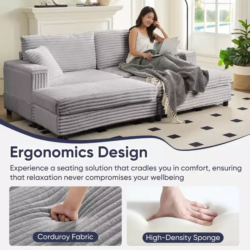 Divano moderno imbottito con 2 pouf mobili, comoda poltrona per il relax