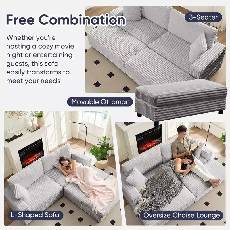Divano moderno imbottito con 2 pouf mobili, comoda poltrona per il relax