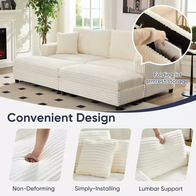 Divano moderno imbottito con 2 pouf mobili, comoda poltrona per il relax