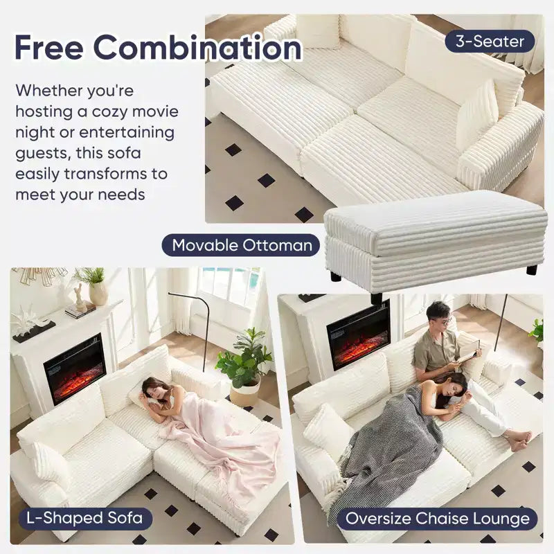 Divano moderno imbottito con 2 pouf mobili, comoda poltrona per il relax