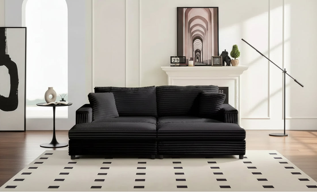 Divano moderno imbottito con 2 pouf mobili, comoda poltrona per il relax