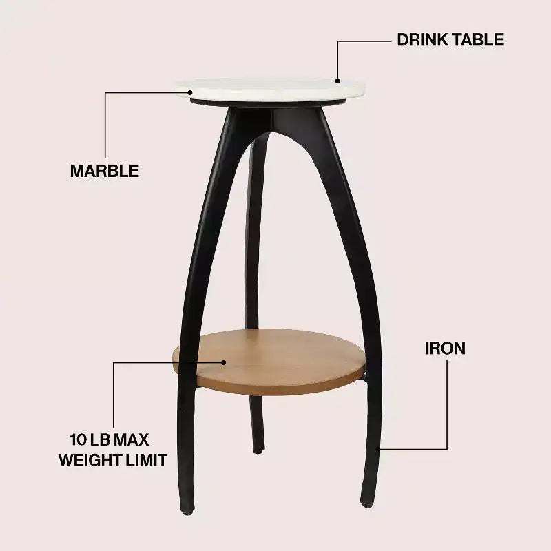 Tavolino portabevande a treppiede in metallo di design da 24,5 pollici e tavolino decorativo con ripiano rotondo in marmo bianco e ripiano inferiore in legno