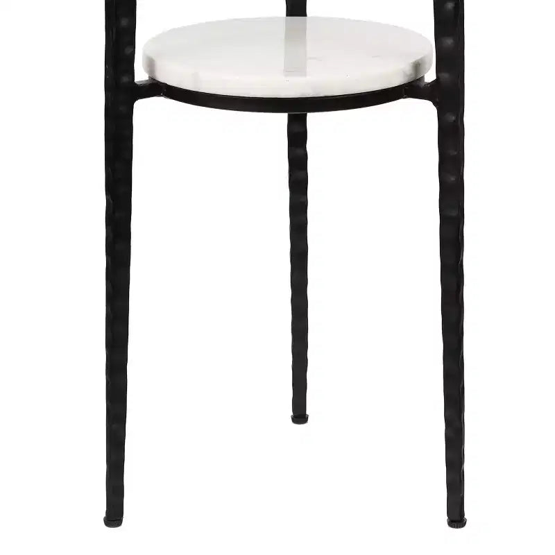 24.75 Tavolino portabevande industriale a 2 ripiani in metallo con piano rotondo in marmo bianco