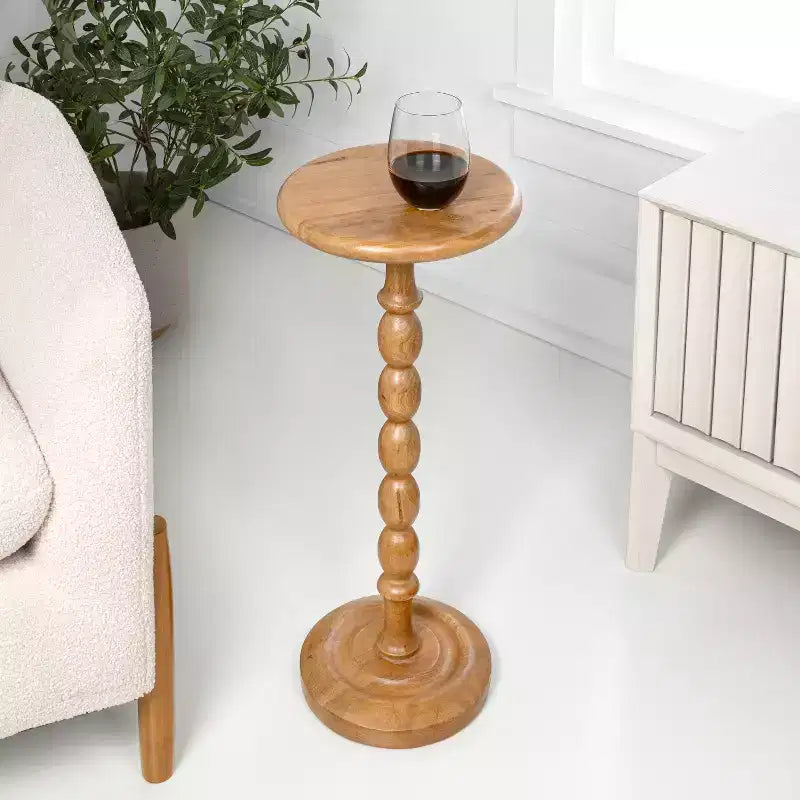 24.5 Tavolino Rotondo Classico da Appoggio e Decorativo con Base a Colonna in Legno con Fuso Cottage