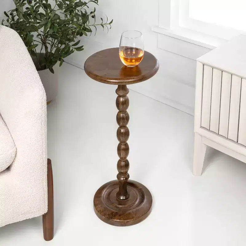 24.5 Tavolino Rotondo Classico da Appoggio e Decorativo con Base a Colonna in Legno con Fuso Cottage
