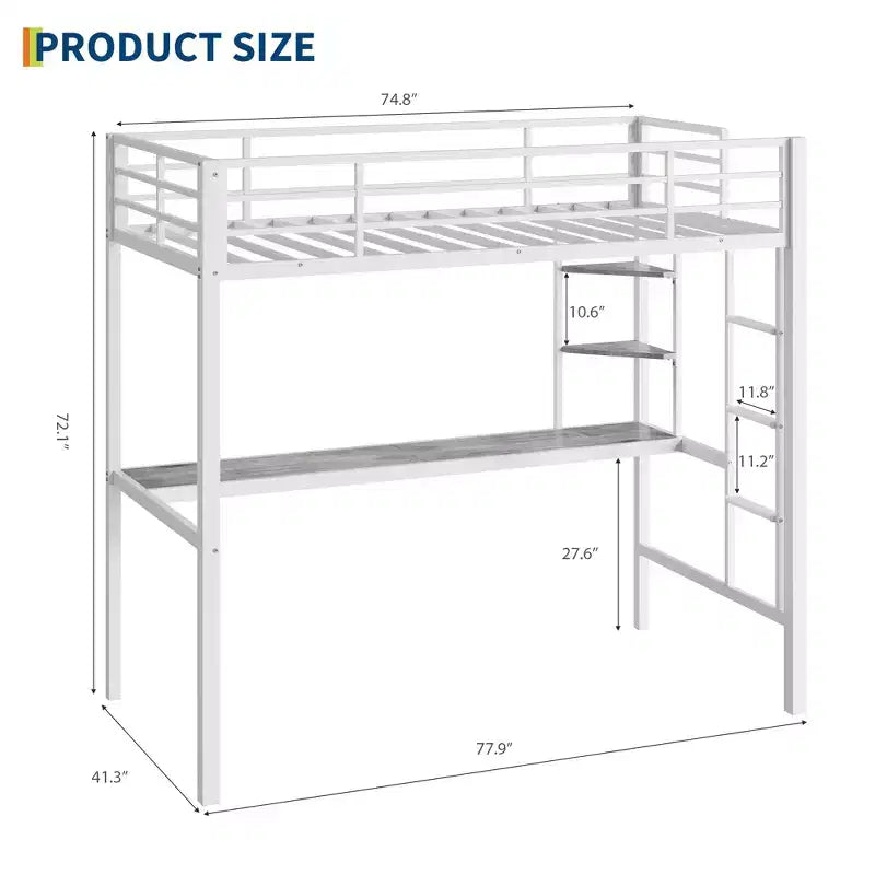 Letto a soppalco singolo con ampia scrivania e ripiani a 2 livelli, letto a soppalco in metallo resistente con scaletta e ringhiera per bambini e adulti