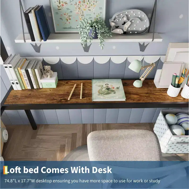 Letto a soppalco singolo con ampia scrivania e ripiani a 2 livelli, letto a soppalco in metallo resistente con scaletta e ringhiera per bambini e adulti