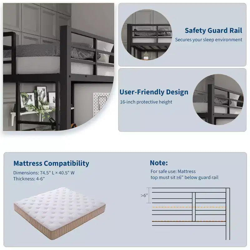 Letto a soppalco singolo con ampia scrivania e ripiani a 2 livelli, letto a soppalco in metallo resistente con scaletta e ringhiera per bambini e adulti