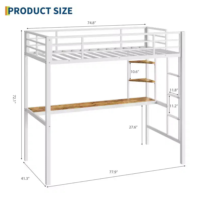 Letto a soppalco singolo con ampia scrivania e ripiani a 2 livelli, letto a soppalco in metallo resistente con scaletta e ringhiera per bambini e adulti