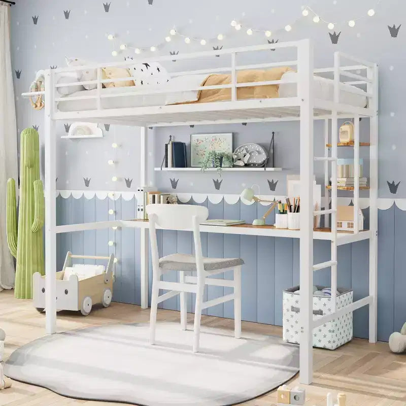 Letto a soppalco singolo con ampia scrivania e ripiani a 2 livelli, letto a soppalco in metallo resistente con scaletta e ringhiera per bambini e adulti