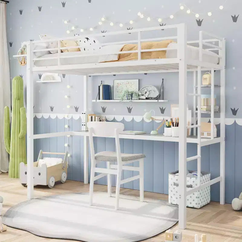 Letto a soppalco singolo con ampia scrivania e ripiani a 2 livelli, letto a soppalco in metallo resistente con scaletta e ringhiera per bambini e adulti