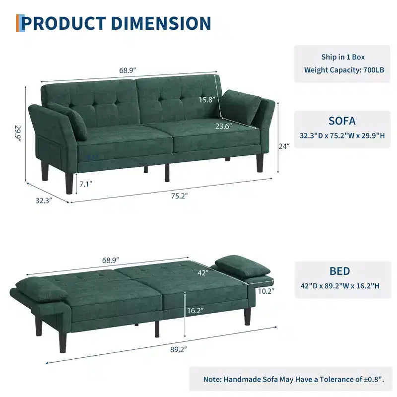 89 Futon divano letto, divano letto convertibile con schienale e braccioli regolabili, divano letto moderno a due posti per soggiorno, camera da letto, appartamenti