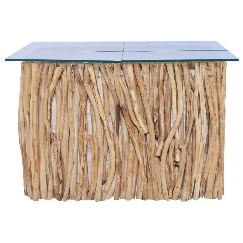 Tavolino da caffè quadrato in legno massello di teak - Realizzato a mano con piano in vetro, 26x26x15,7, Marrone