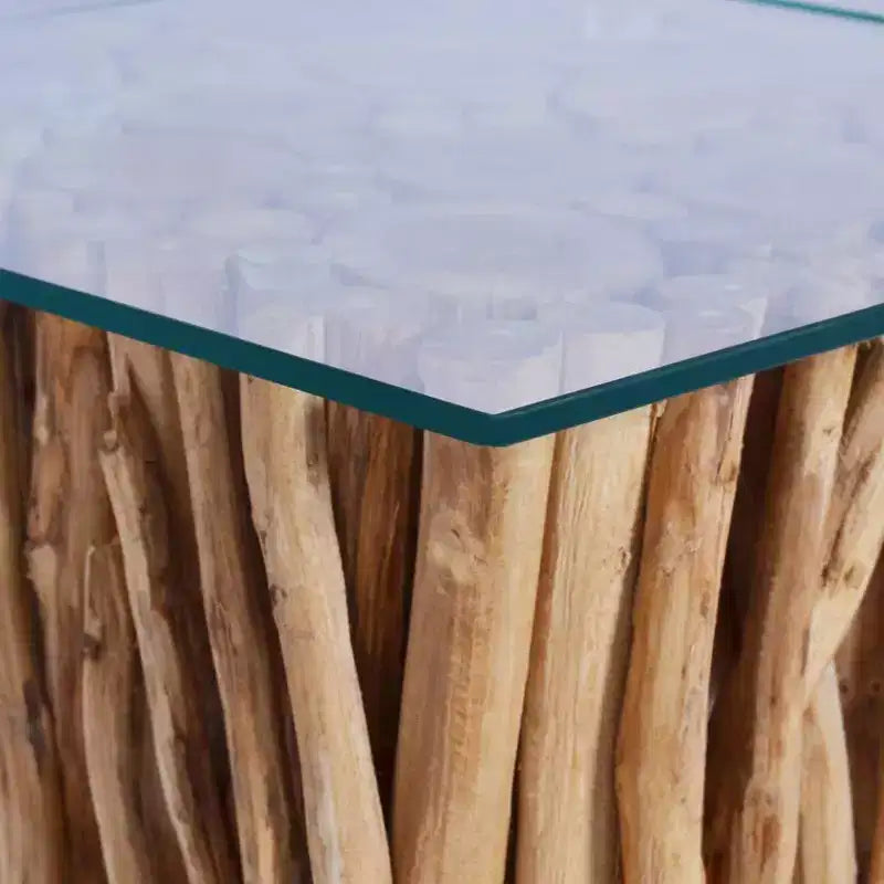 Tavolino da caffè quadrato in legno massello di teak - Realizzato a mano con piano in vetro, 26x26x15,7, Marrone