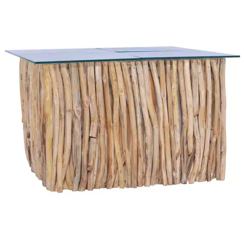 Tavolino da caffè quadrato in legno massello di teak - Realizzato a mano con piano in vetro, 26x26x15,7, Marrone