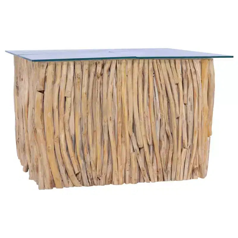 Tavolino da caffè quadrato in legno massello di teak - Realizzato a mano con piano in vetro, 26x26x15,7, Marrone