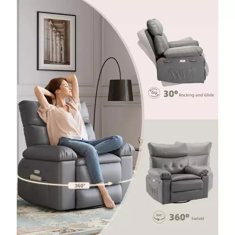 27 pollici Poltrona reclinabile oversize con base girevole a 360° e funzione massaggio e riscaldamento (per Soggiorno/Camera da letto/Stanza dei bambini)