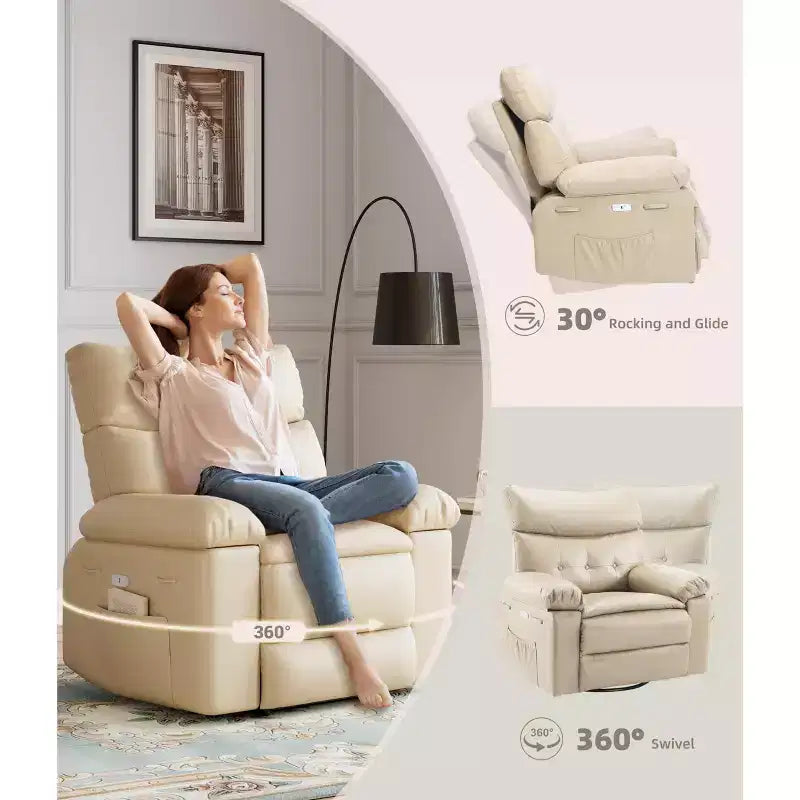 27 pollici Poltrona reclinabile oversize con base girevole a 360° e funzione massaggio e riscaldamento (per Soggiorno/Camera da letto/Stanza dei bambini)
