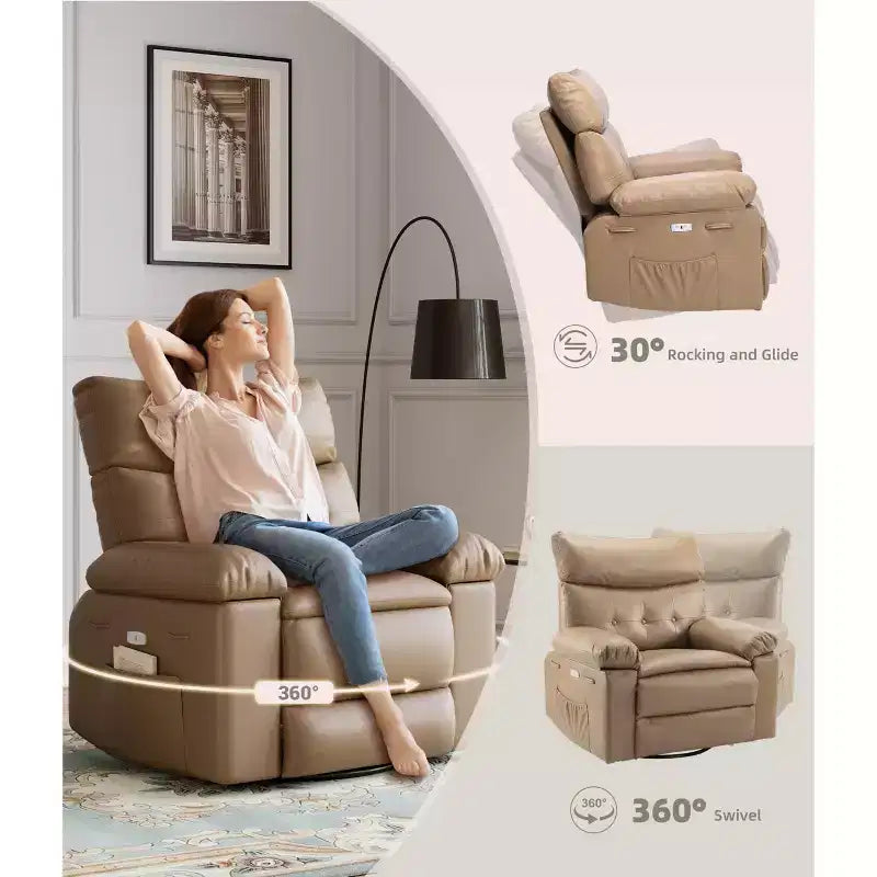 27 pollici Poltrona reclinabile oversize con base girevole a 360° e funzione massaggio e riscaldamento (per Soggiorno/Camera da letto/Stanza dei bambini)