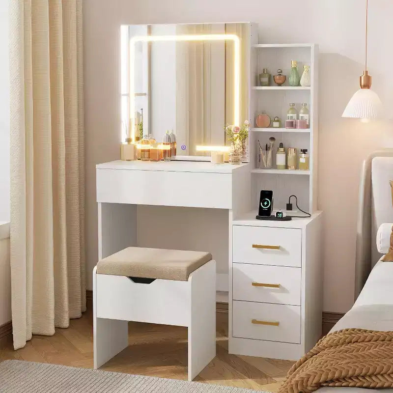 Toeletta con specchio scorrevole, Tavolo da trucco con luci regolabili a 3 colori, Sgabello, 4 cassetti compatti, Presa di corrente, Nero