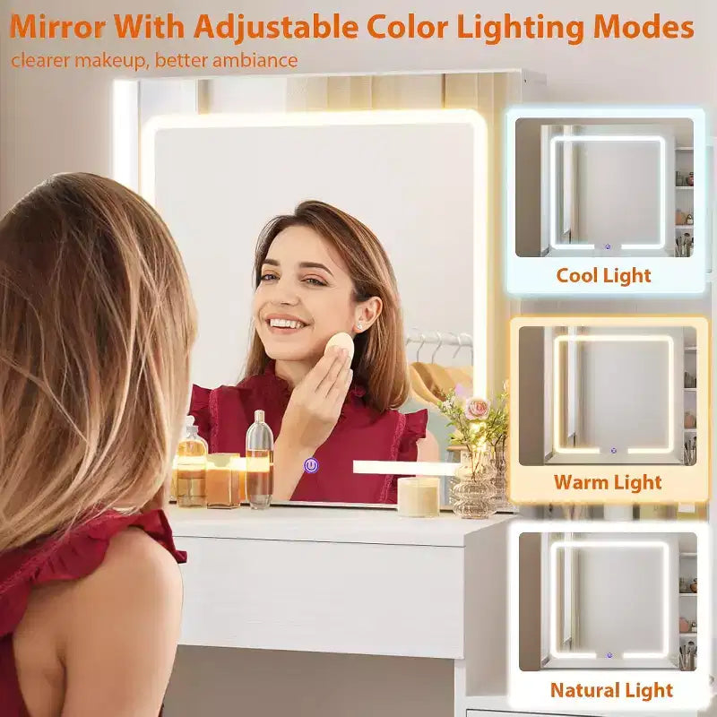 Toeletta con specchio scorrevole, Tavolo da trucco con luci regolabili a 3 colori, Sgabello, 4 cassetti compatti, Presa di corrente, Nero