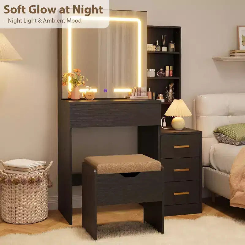 Toeletta con specchio scorrevole, Tavolo da trucco con luci regolabili a 3 colori, Sgabello, 4 cassetti compatti, Presa di corrente, Nero