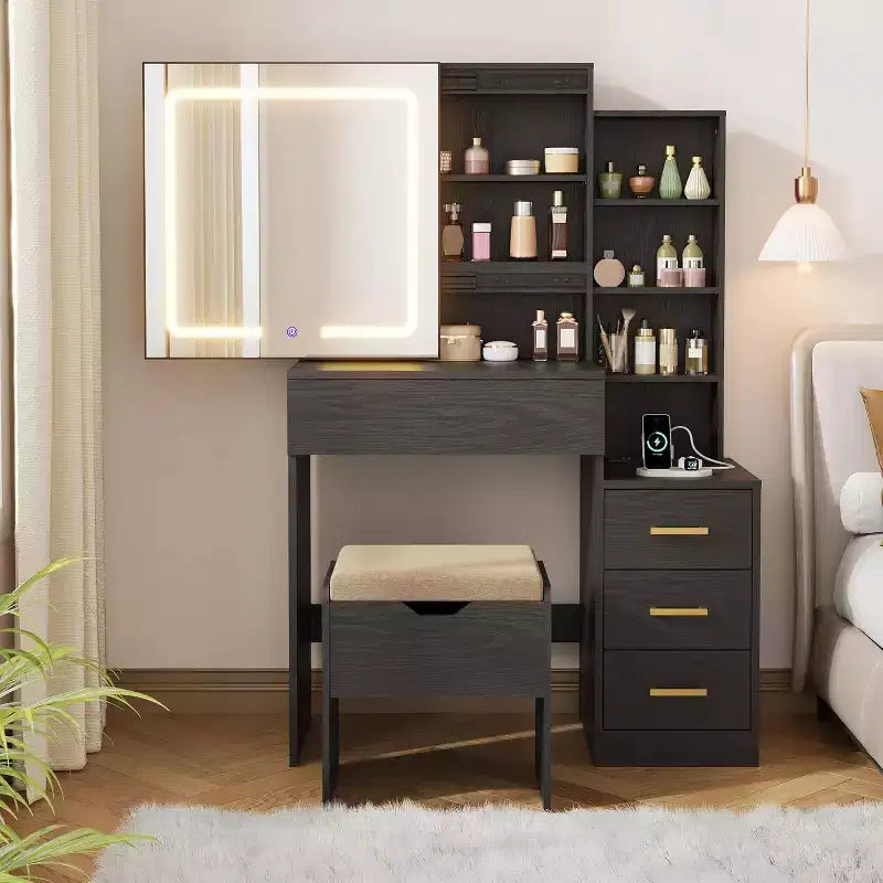 Makeup Vanity Desk with Sliding Mirror, Vanity Dressing Table with 3 Color Adjustable Lights, Stool, 4 Compact Vanity Drawers, Power Outlet, Black