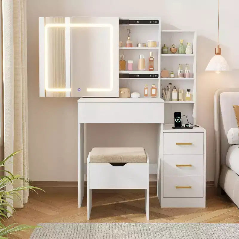 Toeletta con specchio scorrevole, Tavolo da trucco con luci regolabili a 3 colori, Sgabello, 4 cassetti compatti, Presa di corrente, Nero