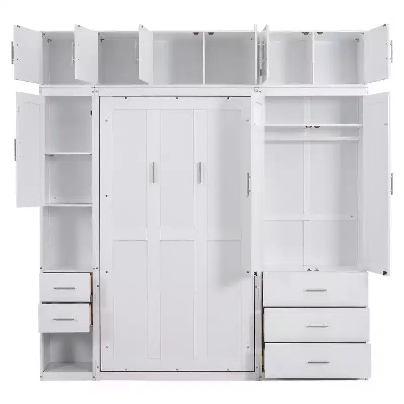 Letto a scomparsa Murphy con armadietti e armadi portaoggetti, ripiani, letto a piattaforma a parete pieghevole in legno con contenitore, bianco