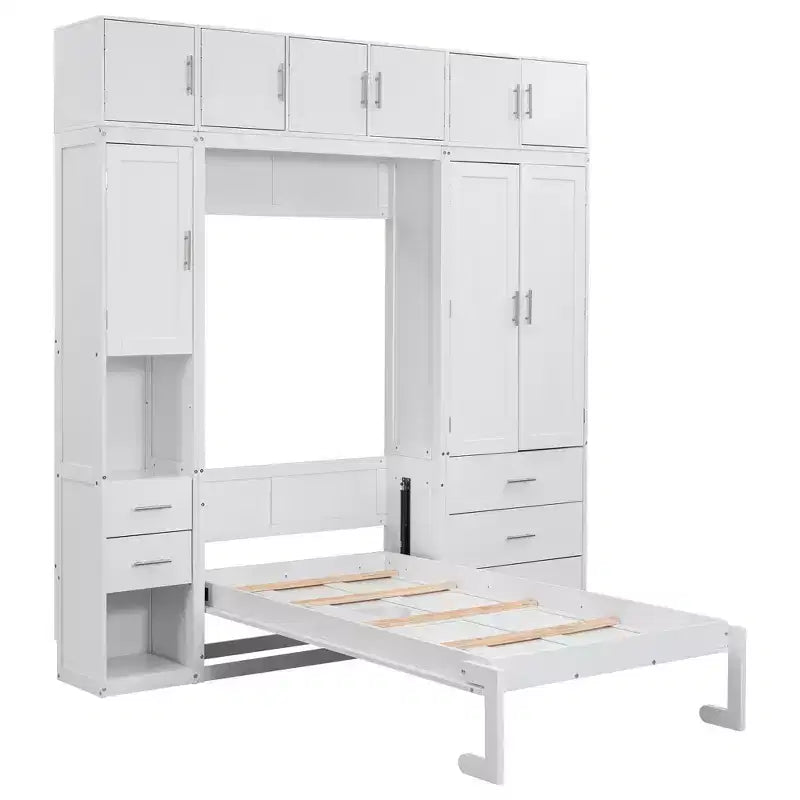 Letto a scomparsa Murphy con armadietti e armadi portaoggetti, ripiani, letto a piattaforma a parete pieghevole in legno con contenitore, bianco