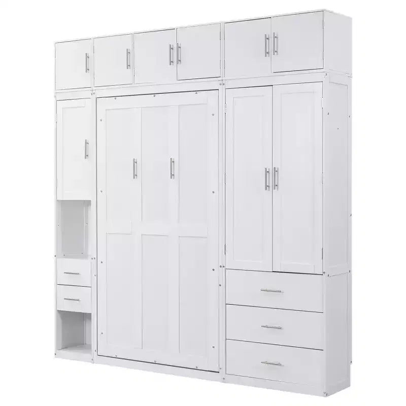 Letto a scomparsa Murphy con armadietti e armadi portaoggetti, ripiani, letto a piattaforma a parete pieghevole in legno con contenitore, bianco