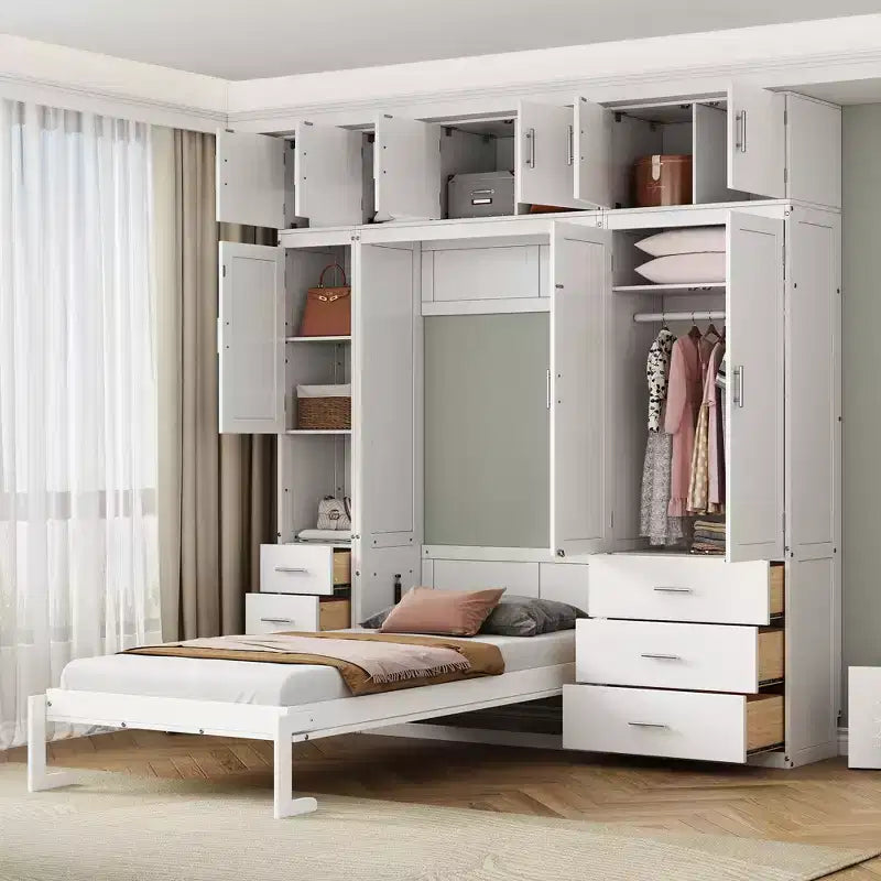 Letto a scomparsa Murphy con armadietti e armadi portaoggetti, ripiani, letto a piattaforma a parete pieghevole in legno con contenitore, bianco