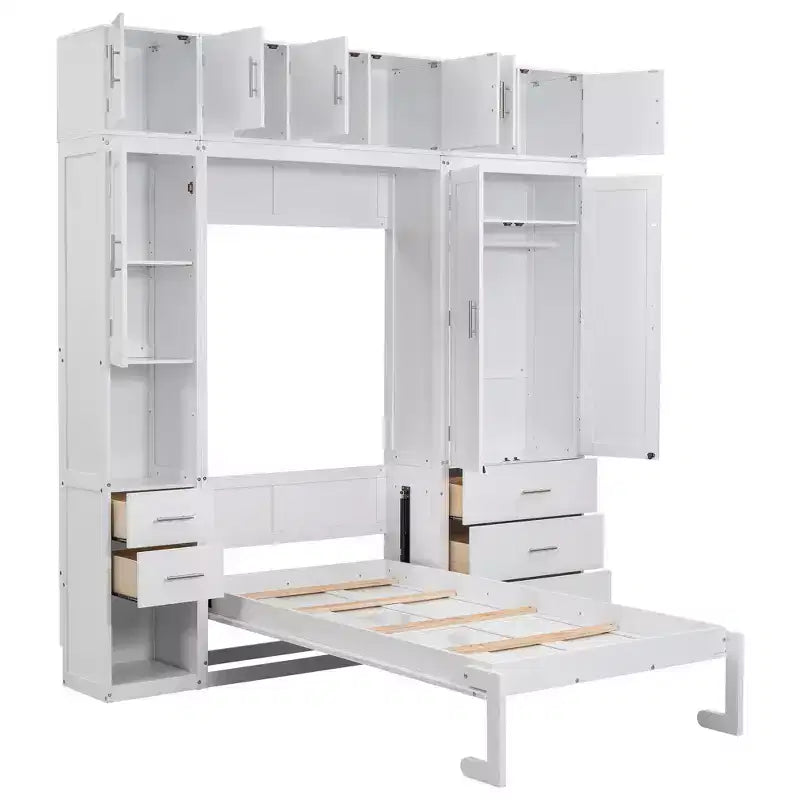 Letto a scomparsa Murphy con armadietti e armadi portaoggetti, ripiani, letto a piattaforma a parete pieghevole in legno con contenitore, bianco